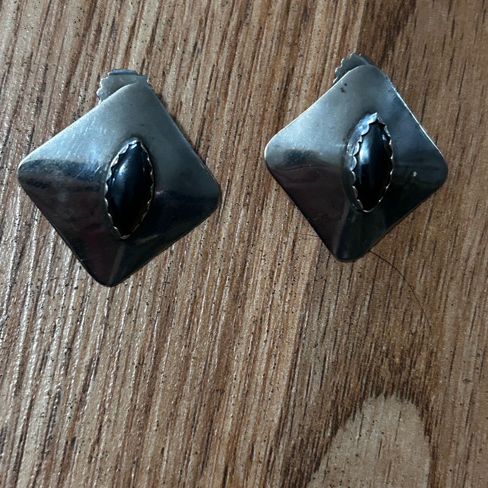 Chic Black and Sterling Silver Geometric Earrings with original ss backs